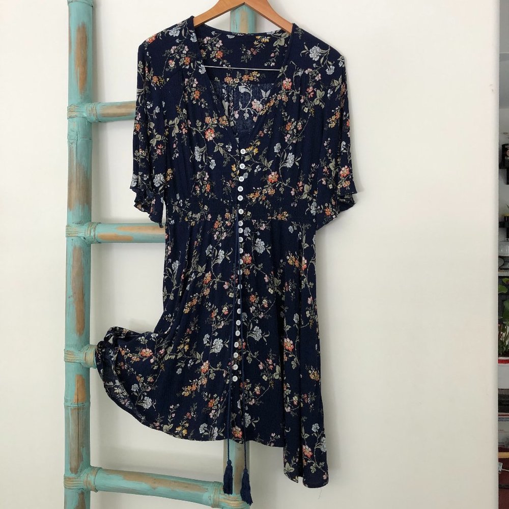 Navy Floral Crepe Handkerchief Dress